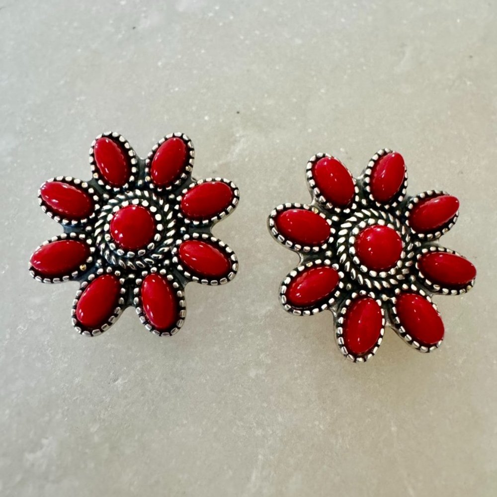American West 925 Silver and Red Flower Clip on Earrings